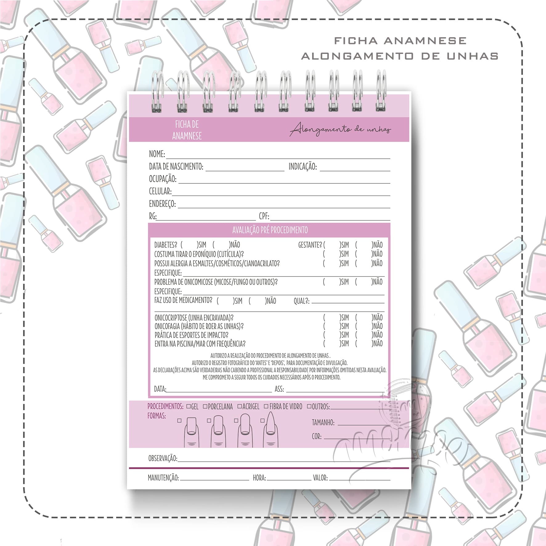 Ficha Anamnese Alongamento De Unhas + Cuidados Blocos 100fls